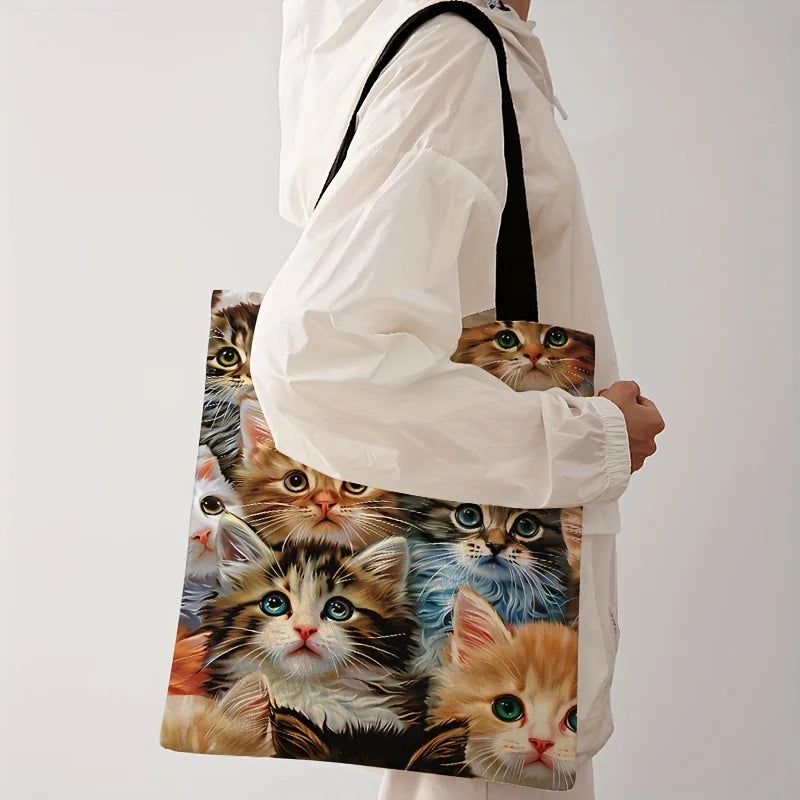 All-Over Kitten Print Tote Bag, Reusable Shopping Bag