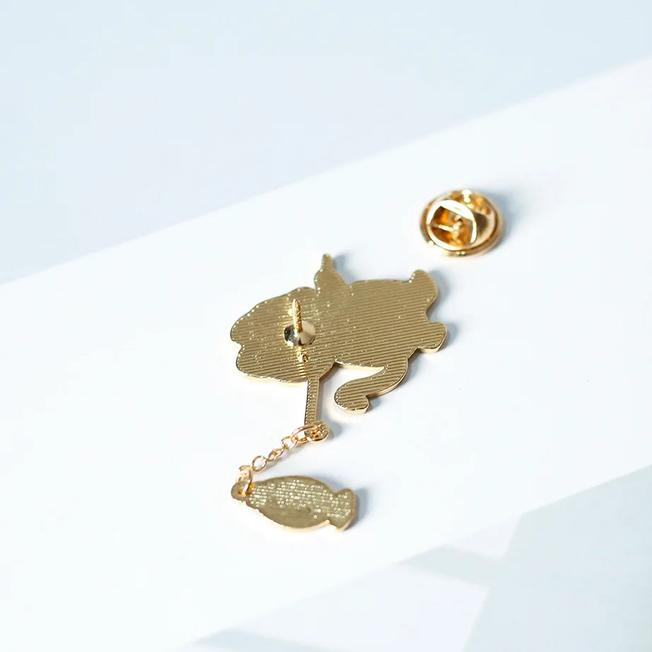 Cat Fishing Enamel Pin with Dangling Fish Charm, Cute Cat Brooch