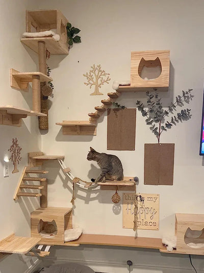 Wall-Mounted Cat Climbing Shelf Set with Bridge and Hammock