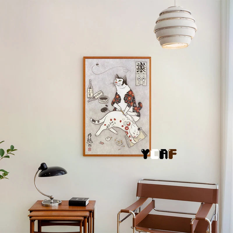 Tattoo Cats Canvas Print, Vintage Tattoo Parlor Cat Wall Art