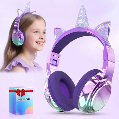 QearFun Cat Wallet Kids Bluetooth Headphones – Cat Ear & Unicorn Wireless Headset with Volume Limiting, 40mm Drivers & Mic