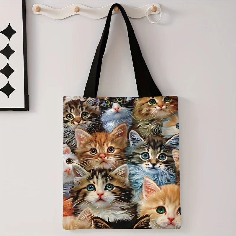 All-Over Kitten Print Tote Bag, Reusable Shopping Bag
