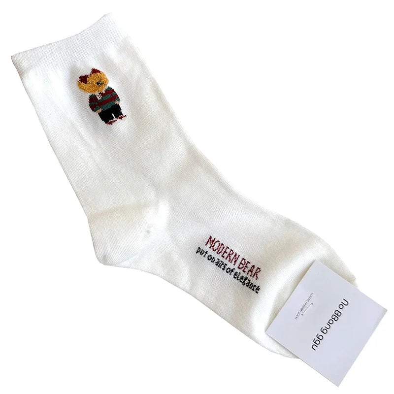 Cute Cartoon Bear Socks for Women, Cotton Blend Ankle Socks