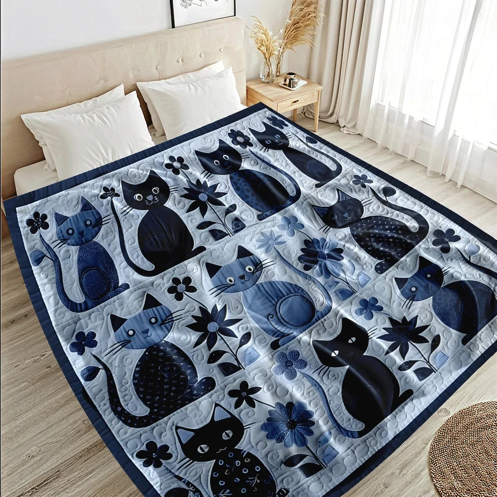 Blue Cat Floral Patchwork Flannel Throw Blanket