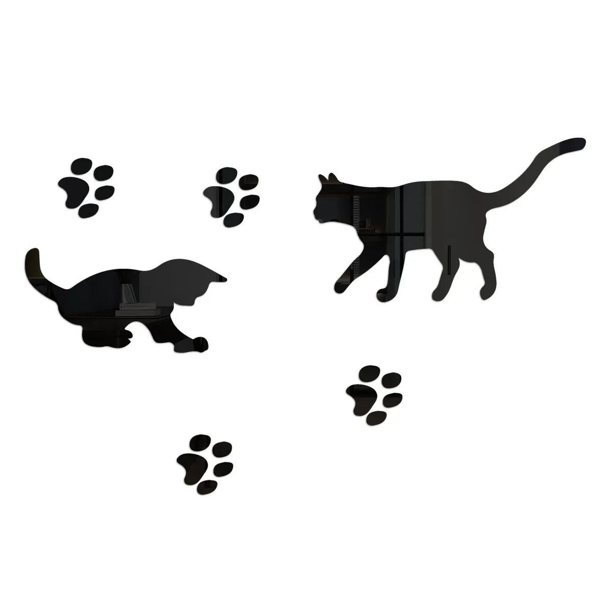 Cat Mirror Wall Stickers, Acrylic Cat Silhouettes with Paw Prints
