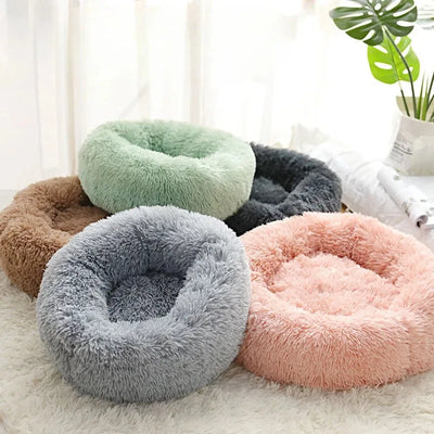 Pink Fluffy Donut Cat Bed, 40 cm Round Faux Fur Nest