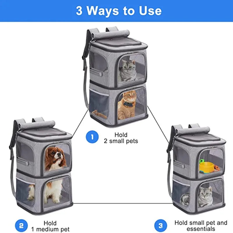 Double Cat Backpack Carrier for 2 Cats, Foldable Two-Level Design