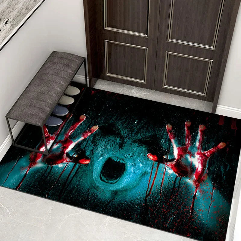Halloween 3D Illusion Floor Mat, Skull and Pumpkin Entry Rug