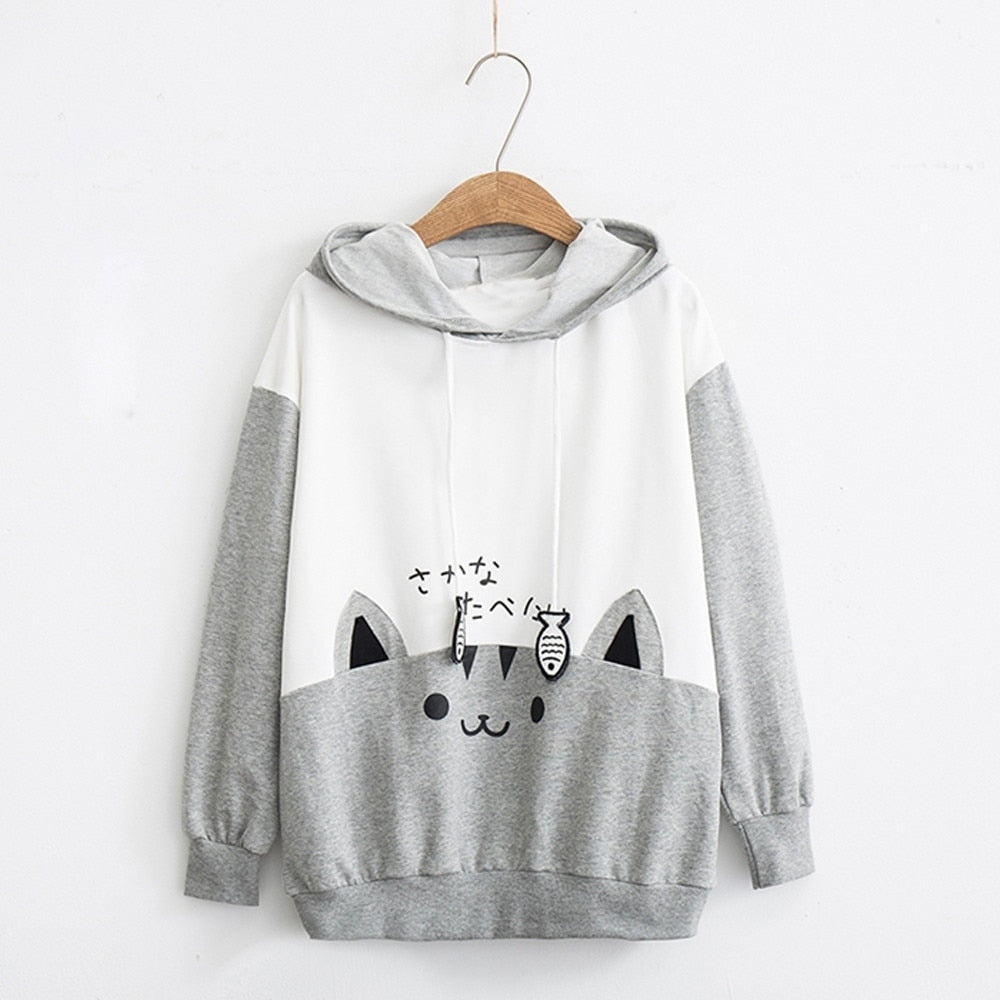 Black and White Cat hoodie - Grey / S