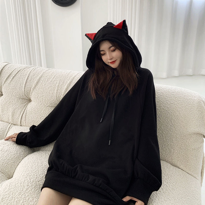 Black cat hoodie Dress - Black / S