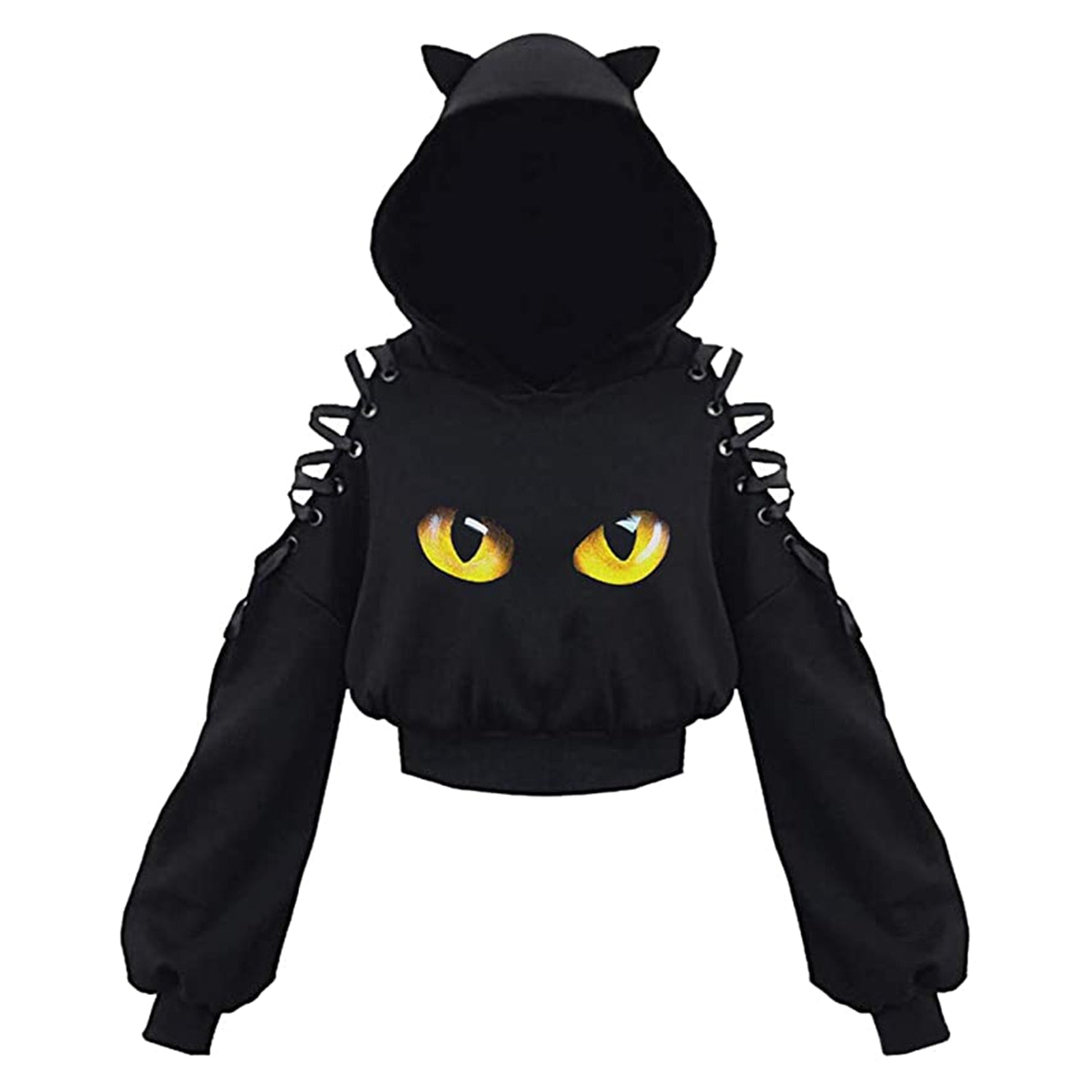 Black Cat hoodie with Ears - Eyes / S