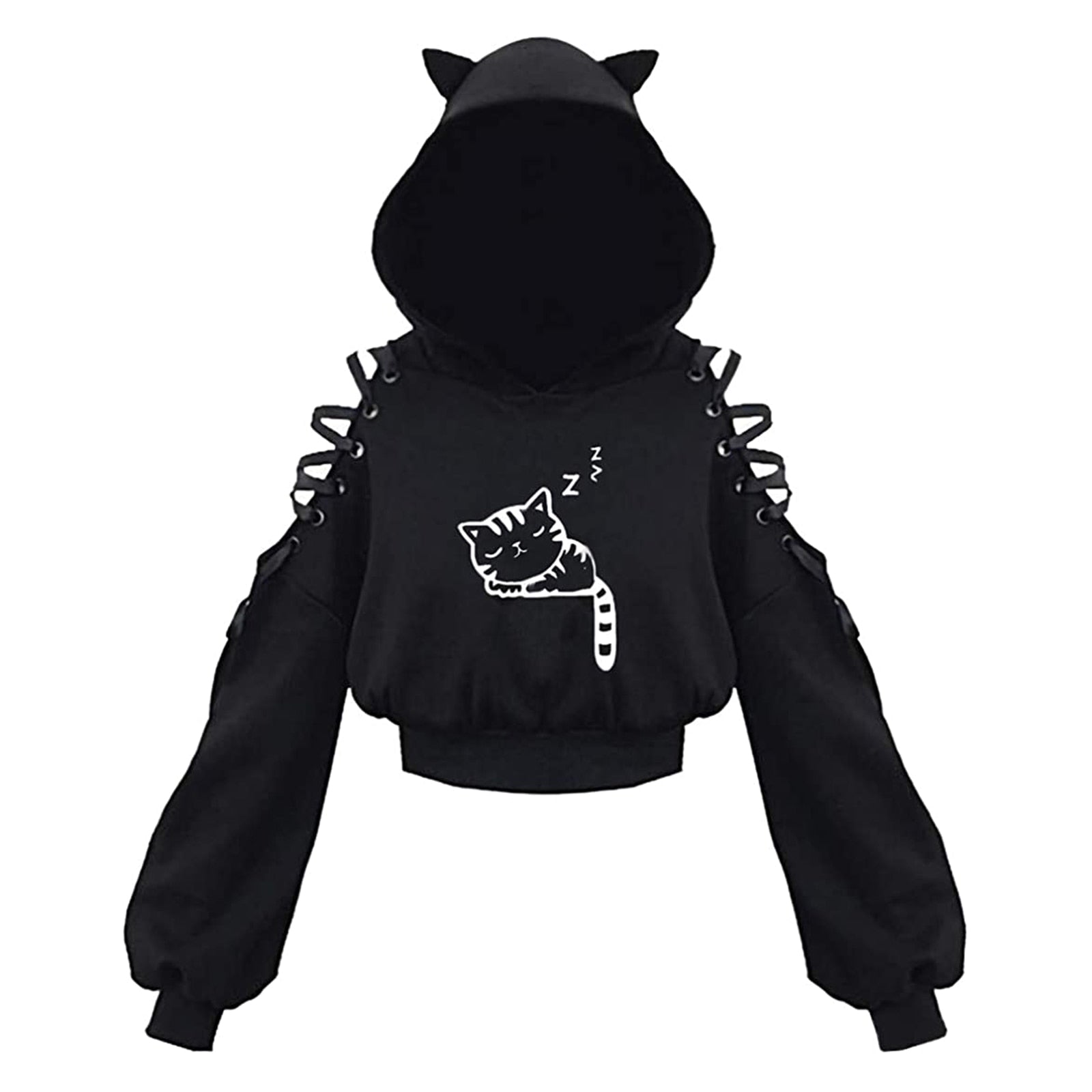 Black Cat hoodie with Ears - Sleepy / S