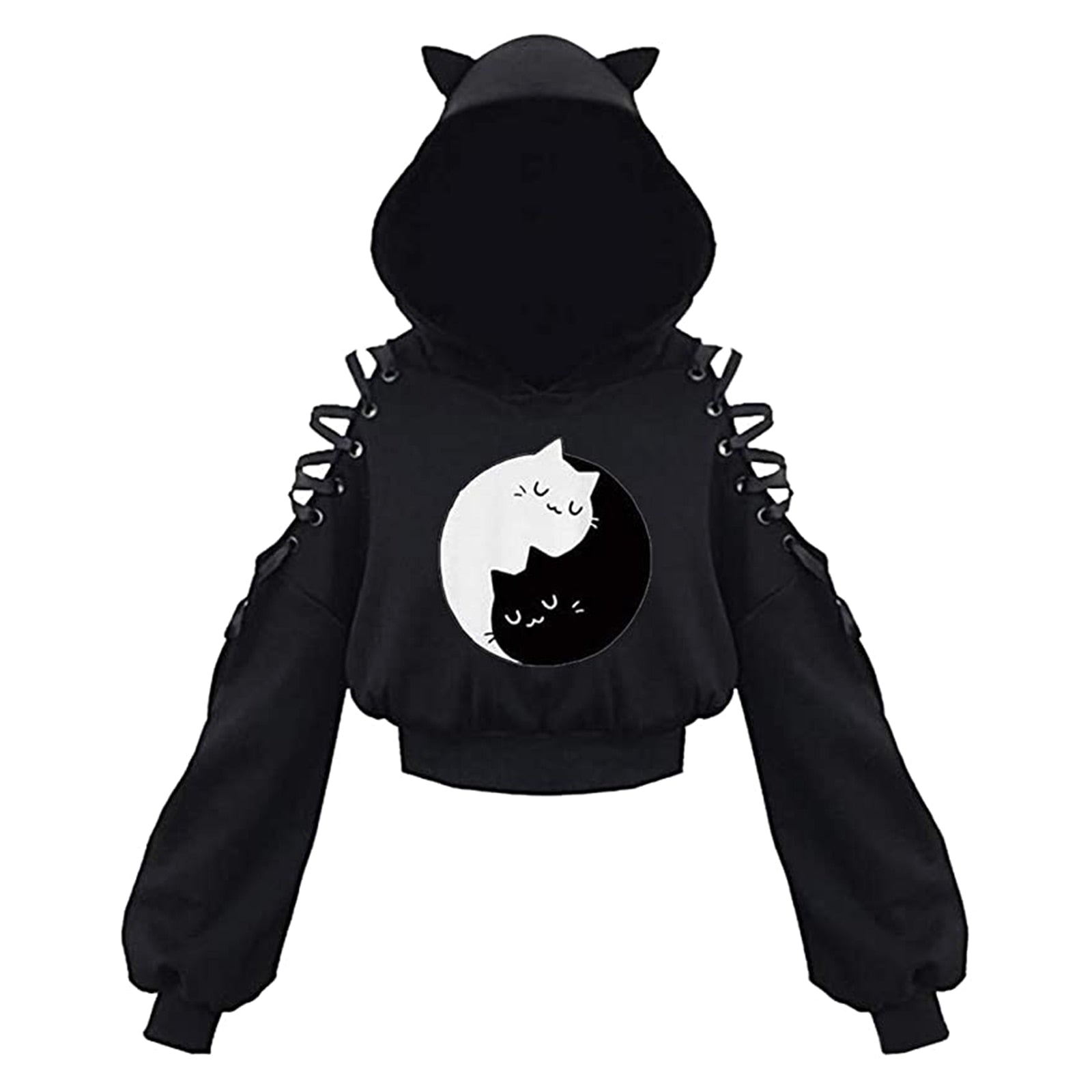 Black Cat hoodie with Ears - Yin Yang / S