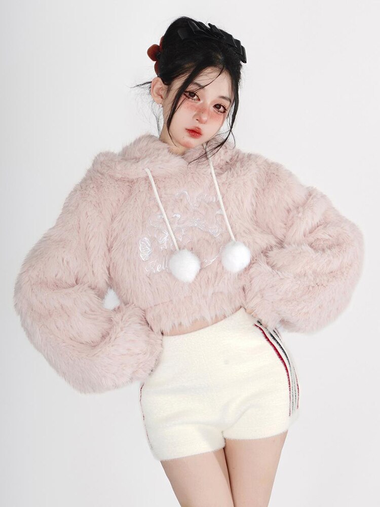 Kawaii Cat Ears Pink Plush Cropped Hoodie
