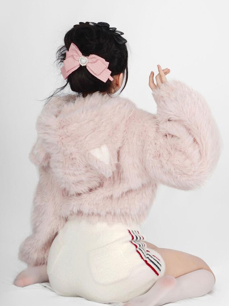 Kawaii Cat Ears Pink Plush Cropped Hoodie