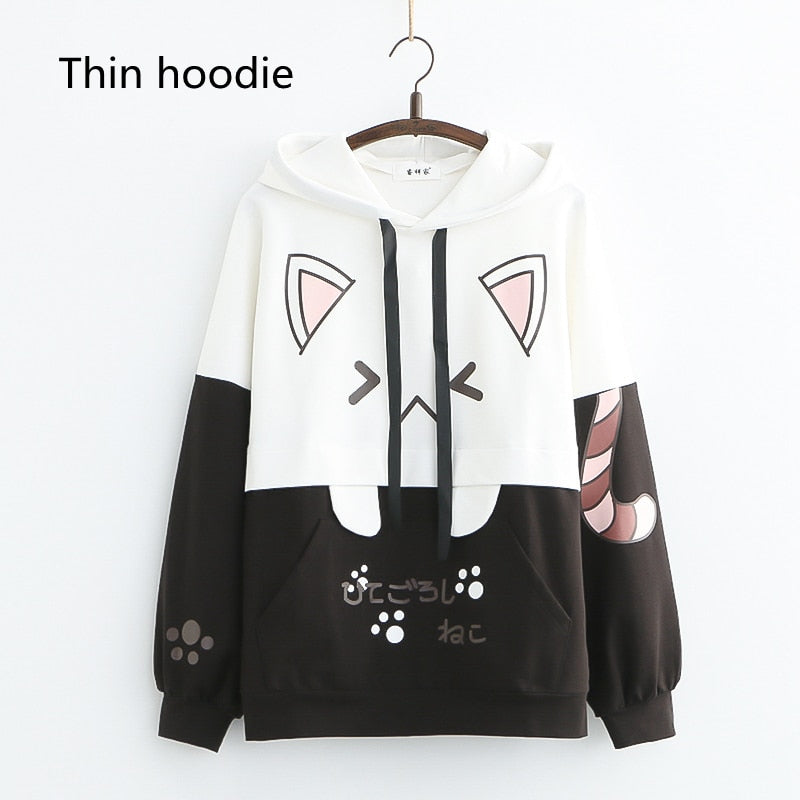 Kawaii Cat hoodie - Thin Black Longsleeve / One Size