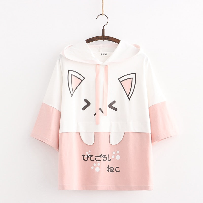 Kawaii Cat hoodie - Pink short sleeve / One Size