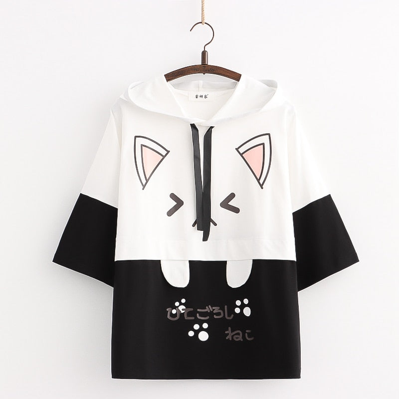 Kawaii Cat hoodie - Black short sleeve / One Size