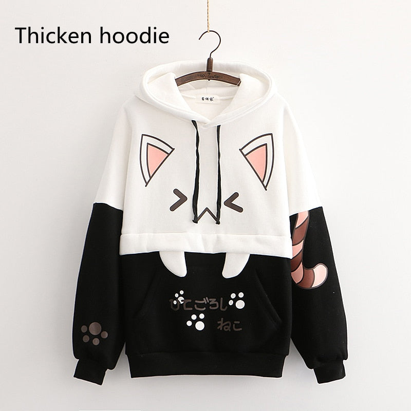 Kawaii Cat hoodie - Black Longsleeve / One Size