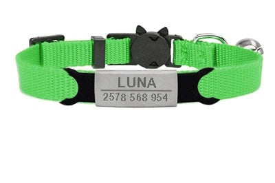 Personalized Cat Collar with Bell - Green