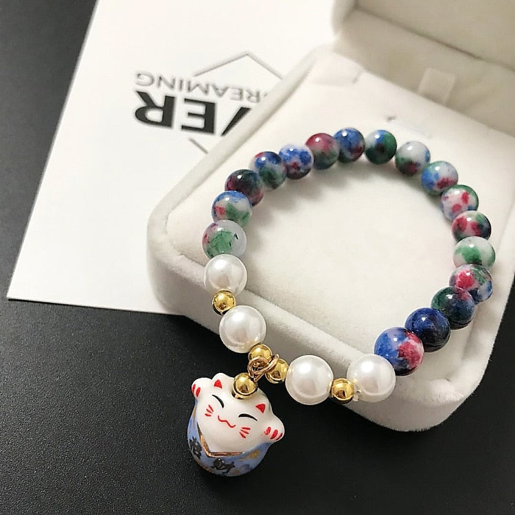 Beaded Japanese Cat Bracelet - Blue - Cat bracelet