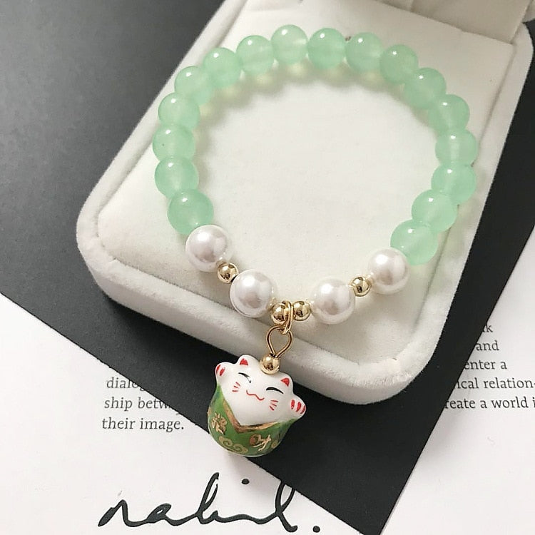 Beaded Japanese Cat Bracelet - Green - Cat bracelet