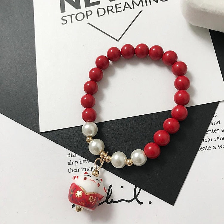 Beaded Japanese Cat Bracelet - Red - Cat bracelet