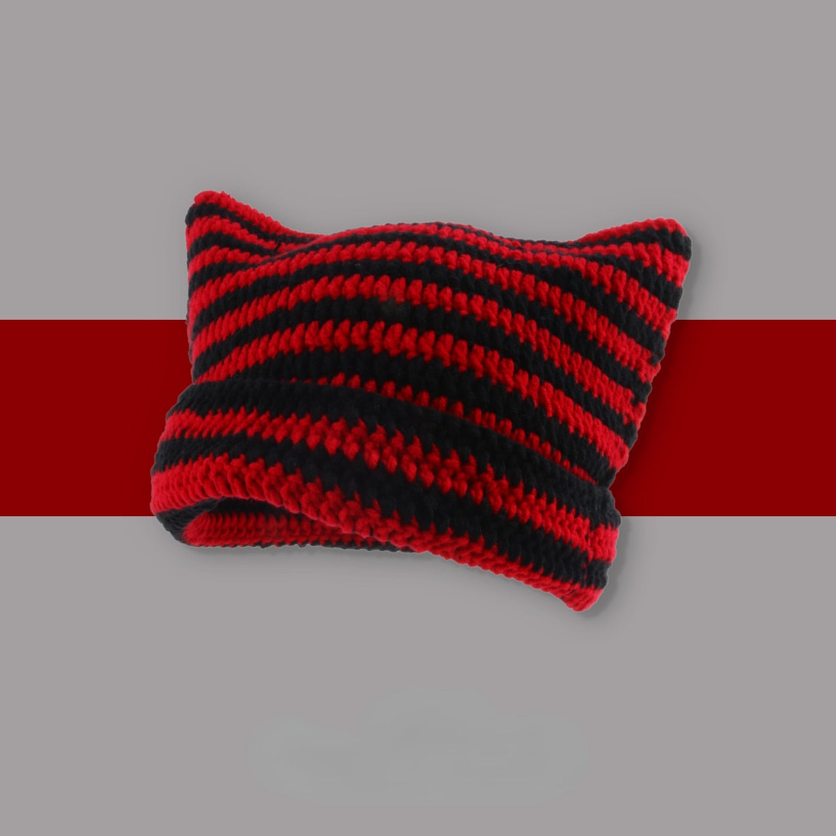 Beanie with Cat Ears - Red and Black / 56-58cm - Cat beanie