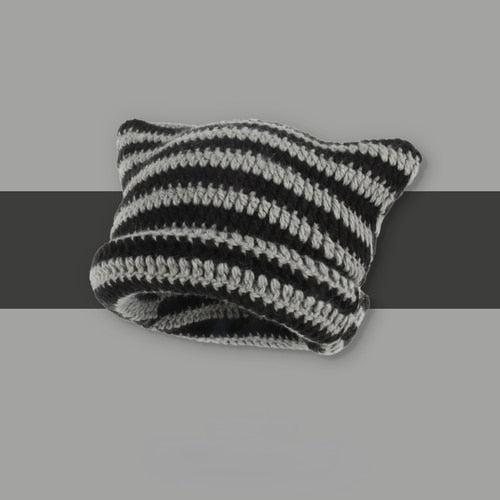 Beanie with Cat Ears - Black and Grey / 56-58cm - Cat beanie
