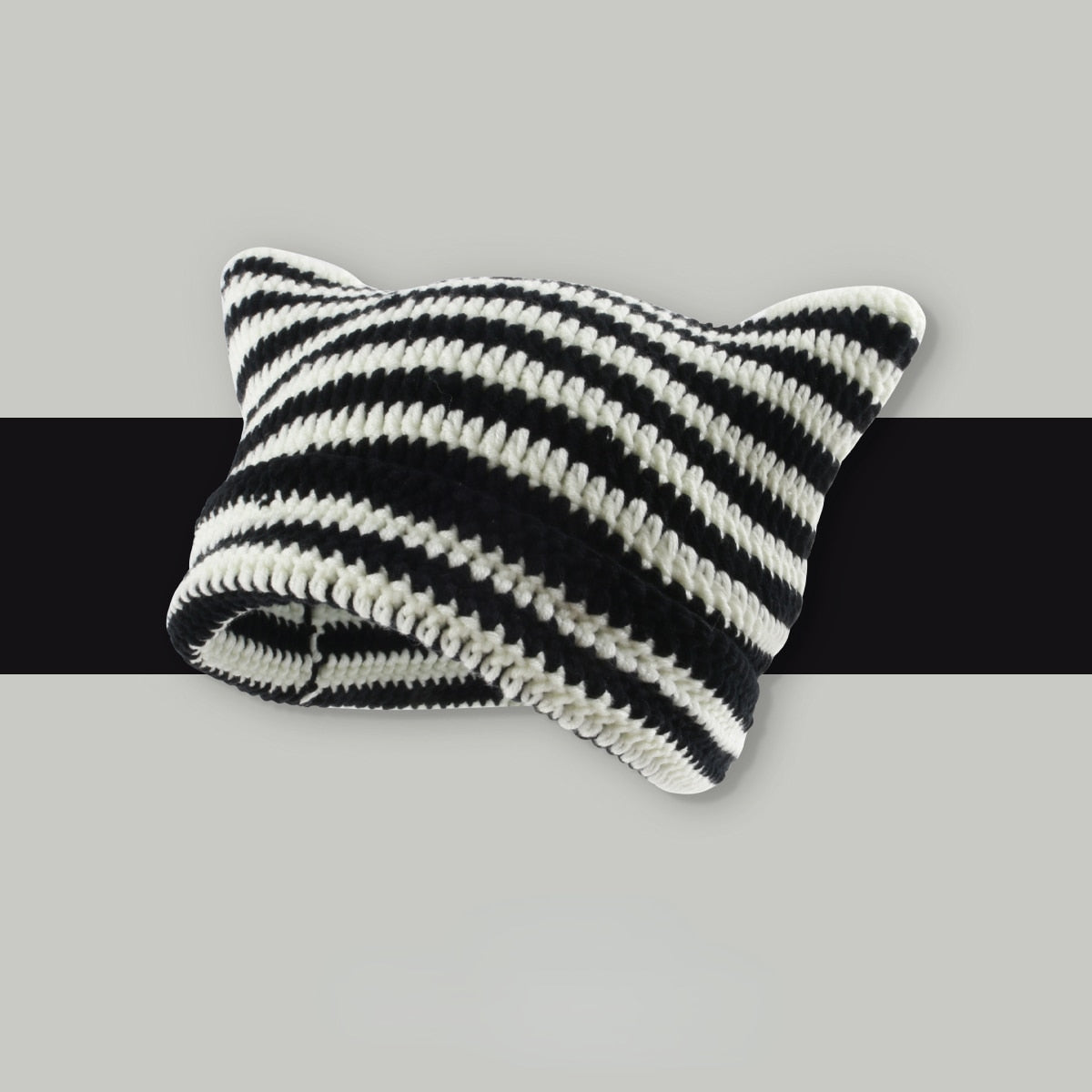 Beanie with Cat Ears - Black and White / 56-58cm - Cat