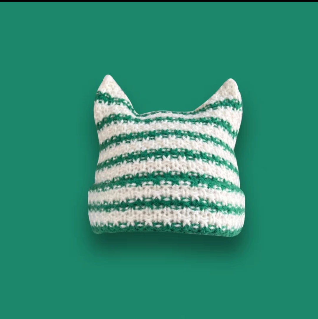 Beanie with Cat Ears - White and Green / 56-58cm - Cat