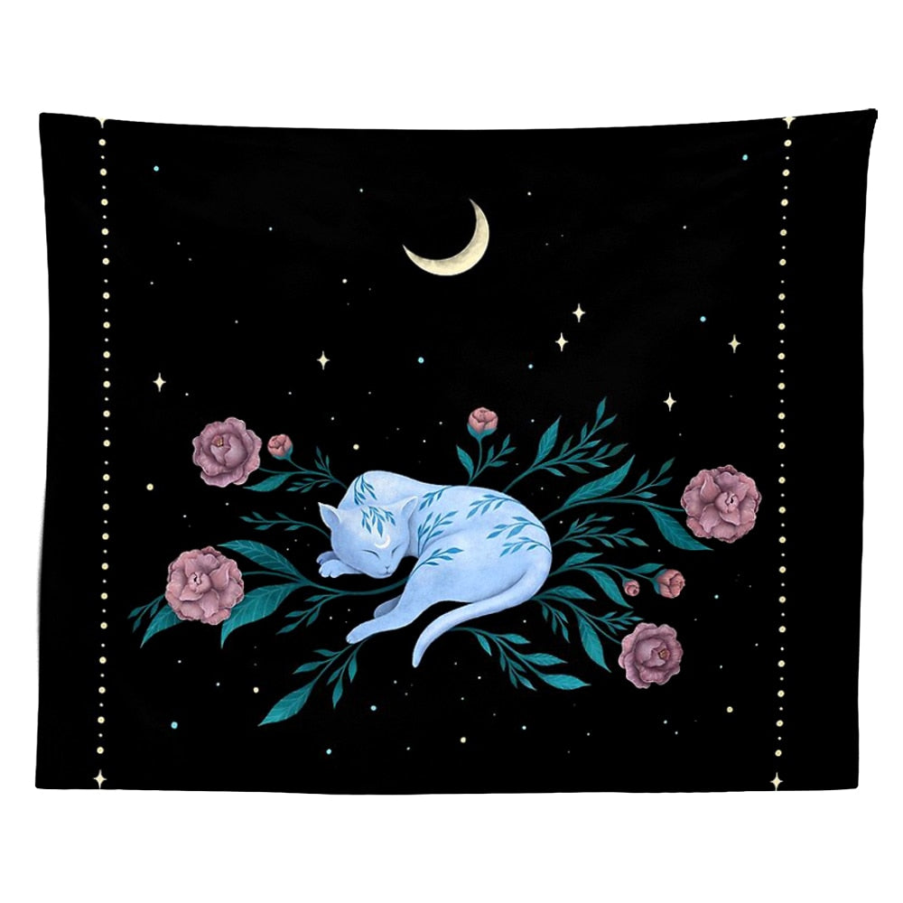 Black Cat Crescent Moon Tapestry - Cat Tapestry