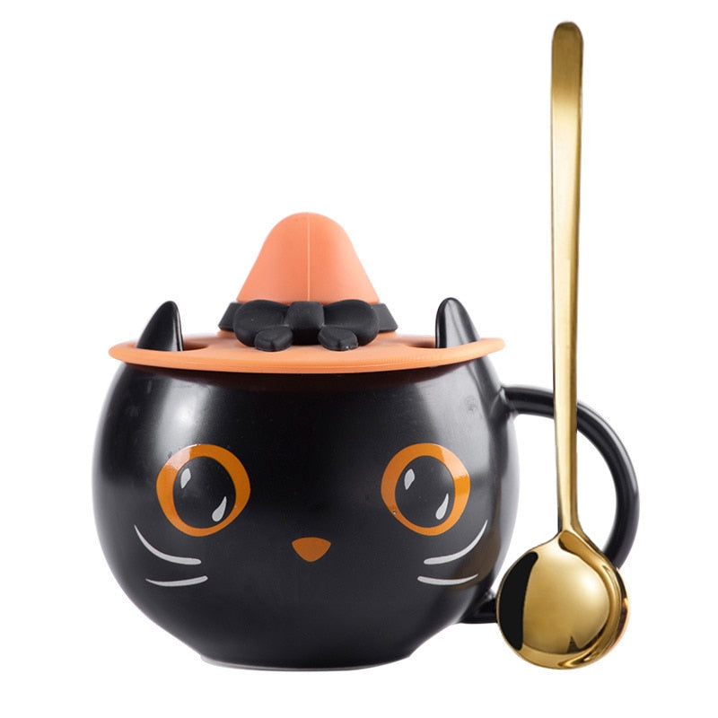 Black Cat Mug - United States / Black / With Spoon and Lid
