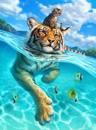 Cat and Tiger Diamond Painting - Blue / 20x30cm-Round Drill