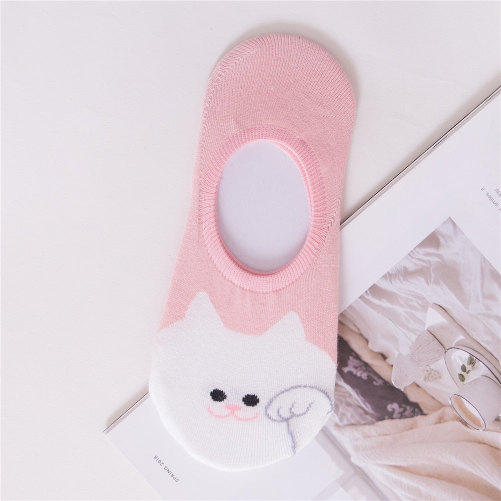 Cat Ankle Socks - Pink White - Cat Socks
