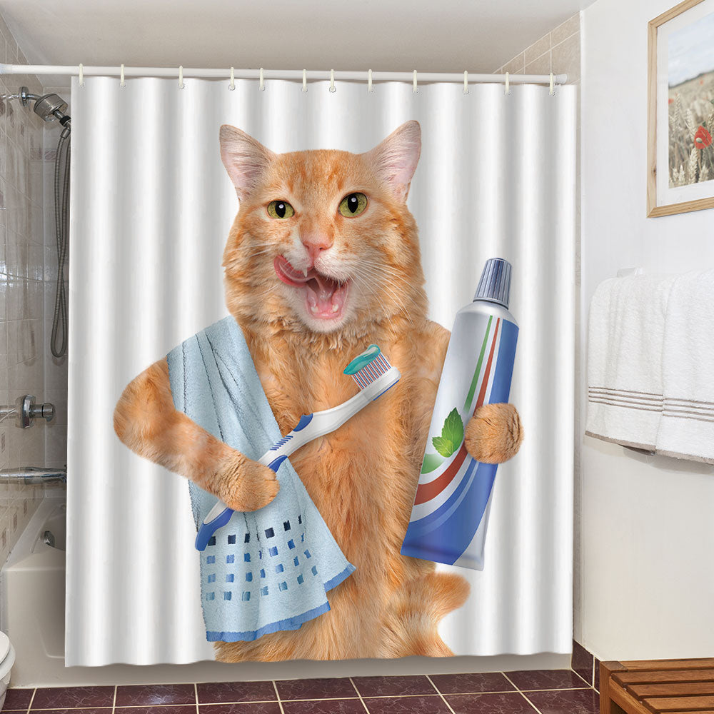 Cat Brushing Teeth Shower Curtain - Toothbrush / table