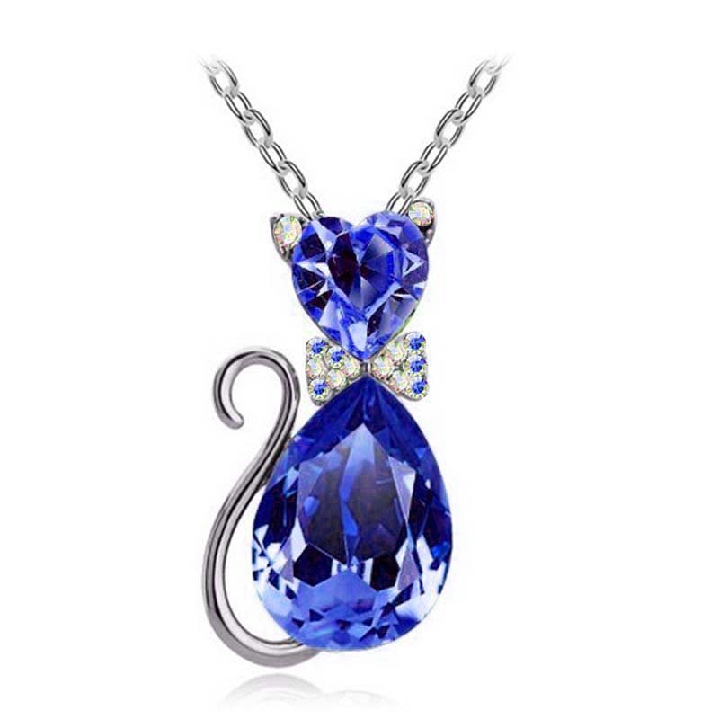 Cat Crystal Necklace - Darkblue - Cat necklace