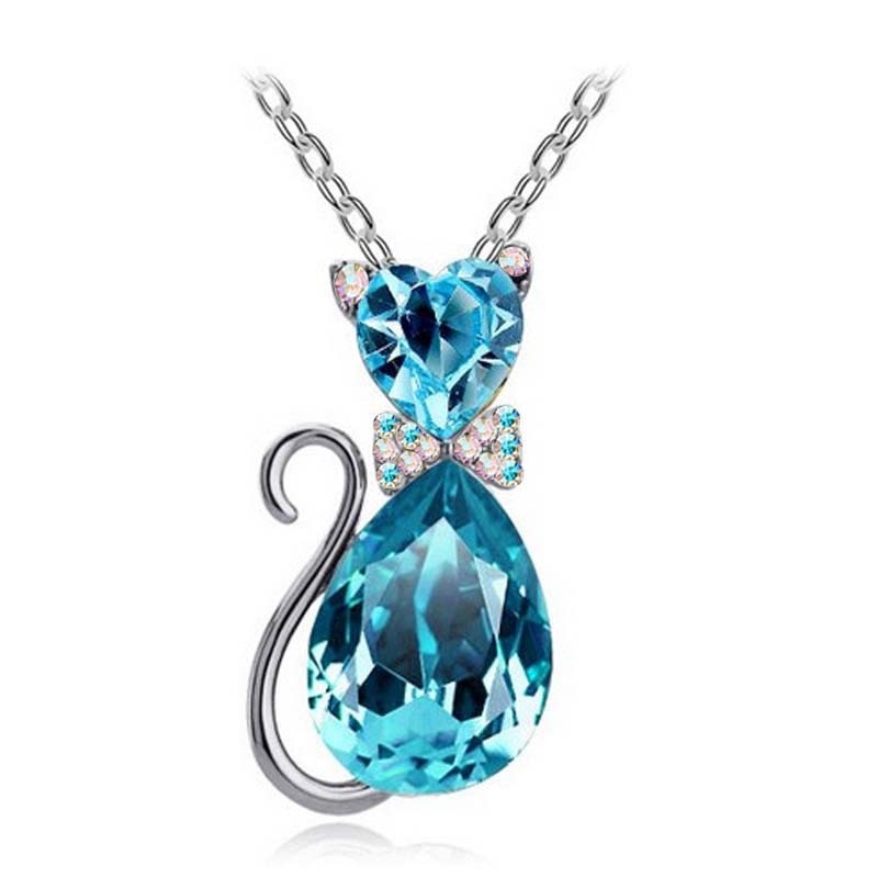 Cat Crystal Necklace - Silver Oceanblue - Cat necklace