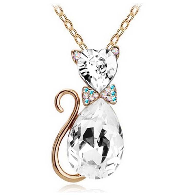 Cat Crystal Necklace - Gold White - Cat necklace