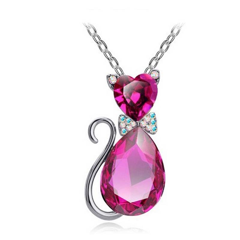 Cat Crystal Necklace - Silver Rose - Cat necklace