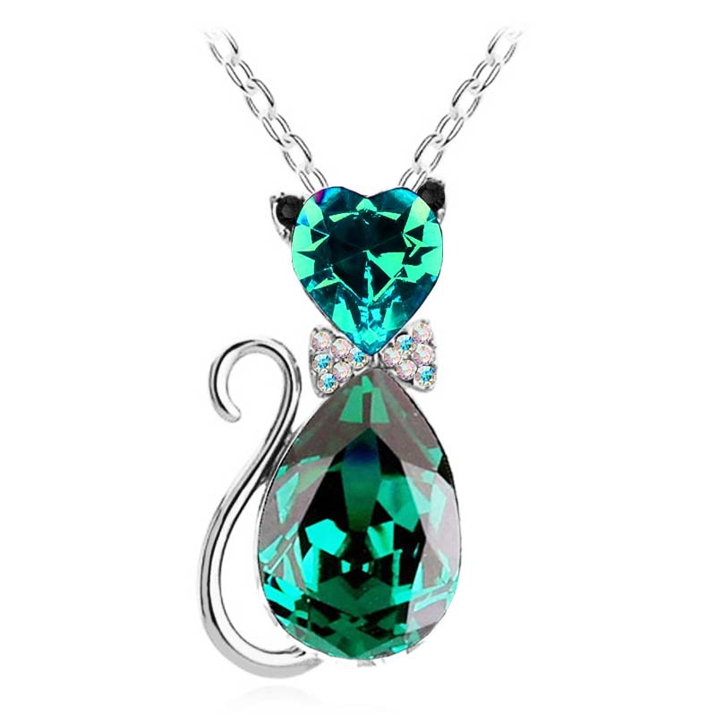 Cat Crystal Necklace - Green - Cat necklace