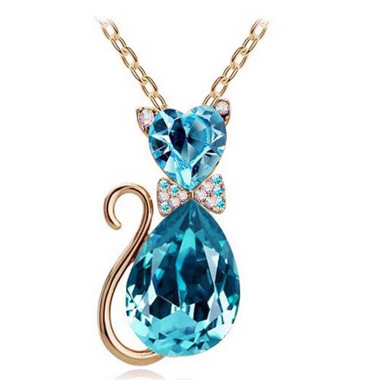 Cat Crystal Necklace - Gold Oceanblue - Cat necklace