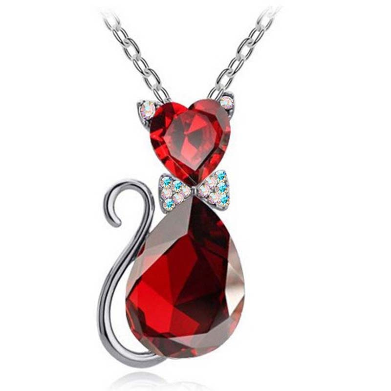 Cat Crystal Necklace - Silver Red - Cat necklace