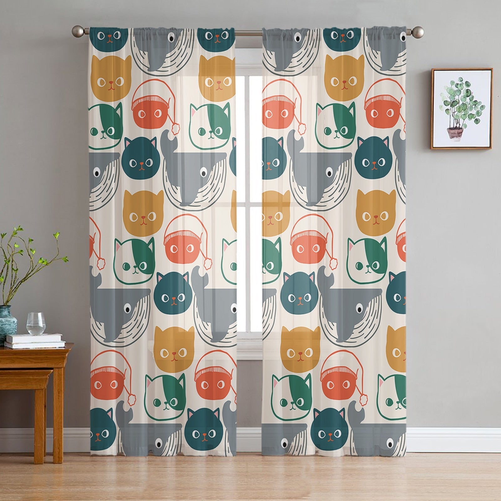 Cat Curtains for Bedroom - Green / W135 x H114cm - cat