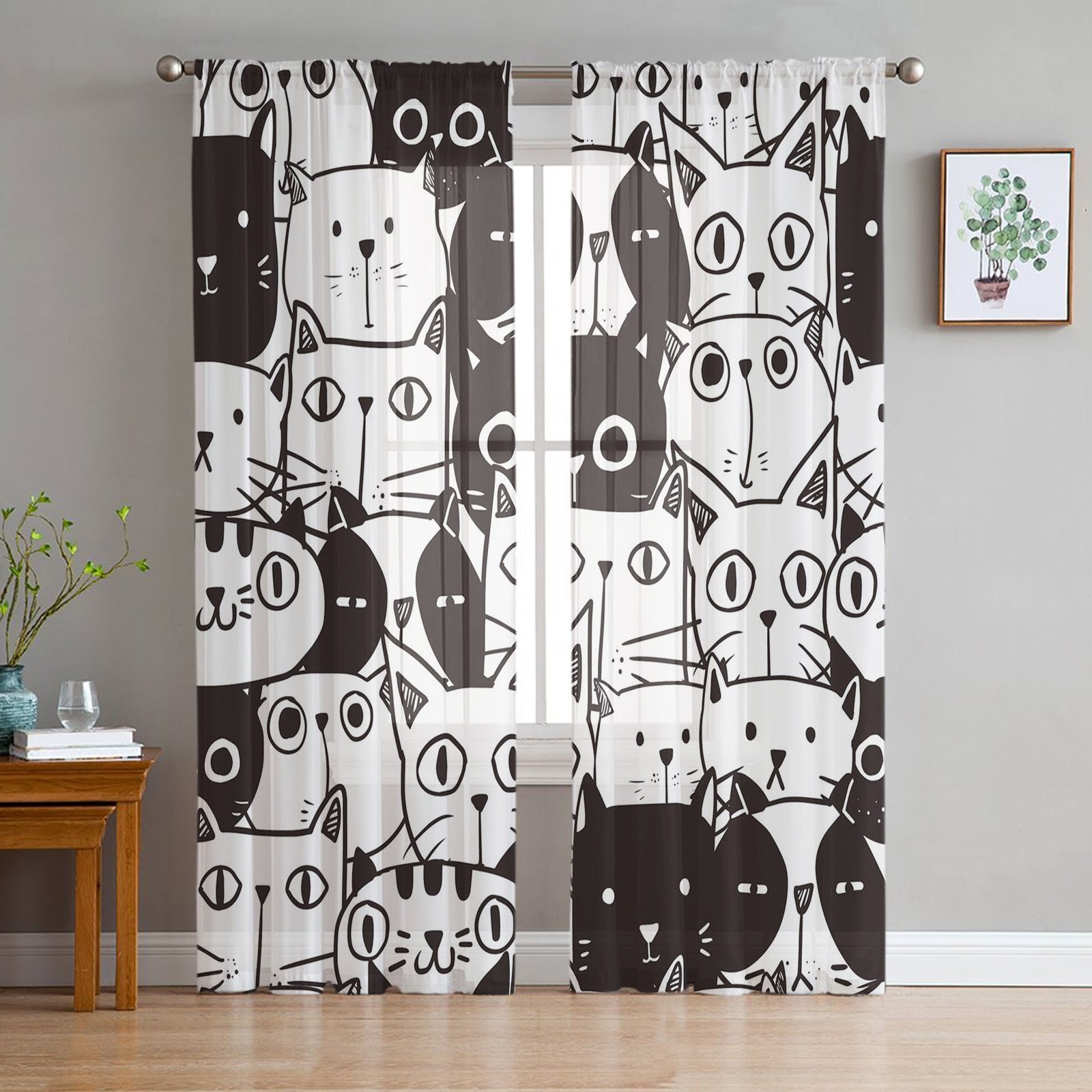Cat Curtains for Bedroom - Black / W135 x H114cm - cat