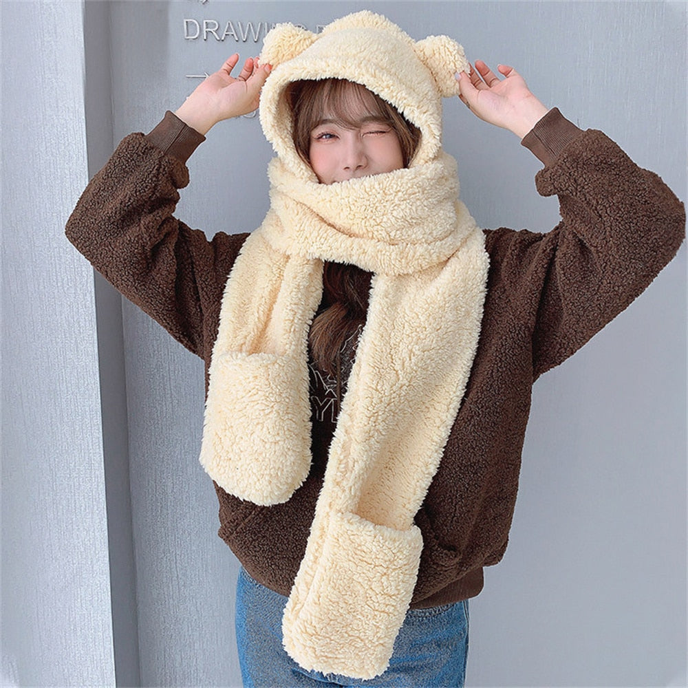 Cat Ear Hat Scarf Gloves Set - Beige / One Size - Cat beanie