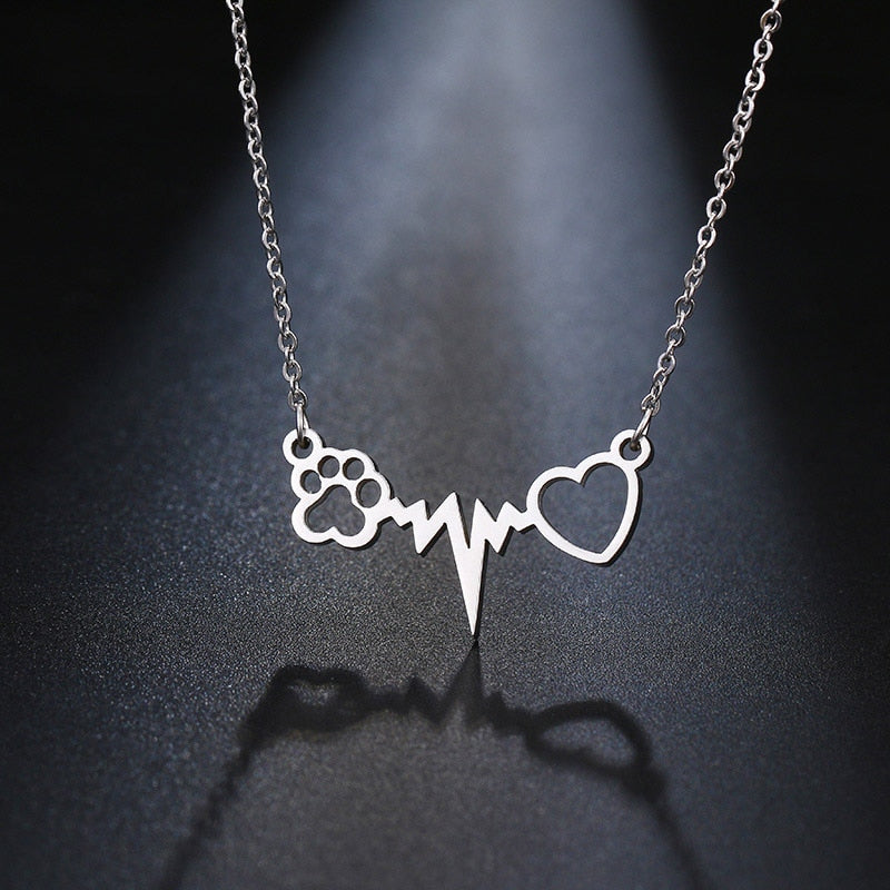 Cat Paw Heart Necklace - Silver - Cat necklace