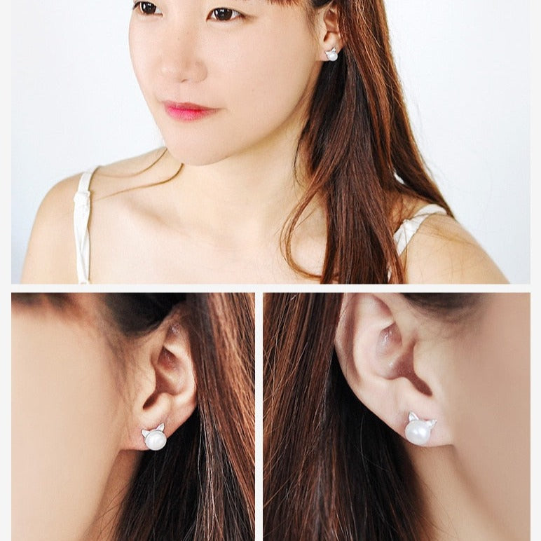 Cat Pearl Stud Earrings - Cat earrings