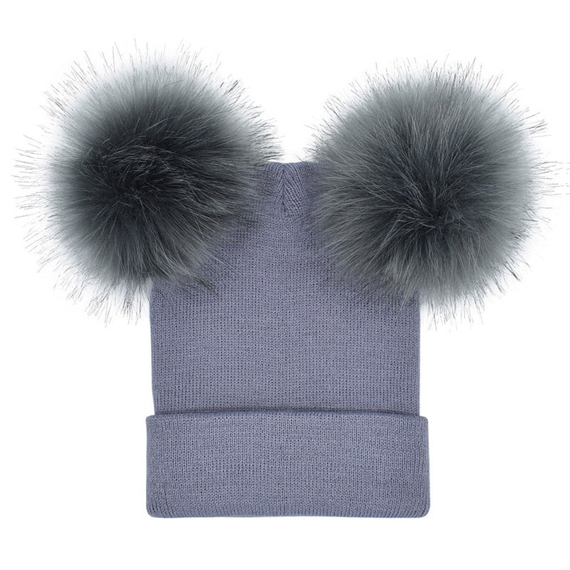 Cat pom pom Beanie - Gray - Cat beanie