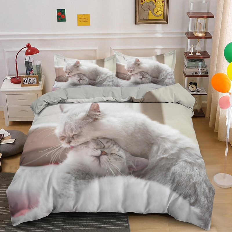 Cat Print Duvet Cover - Grey / US Twin 173x218cm